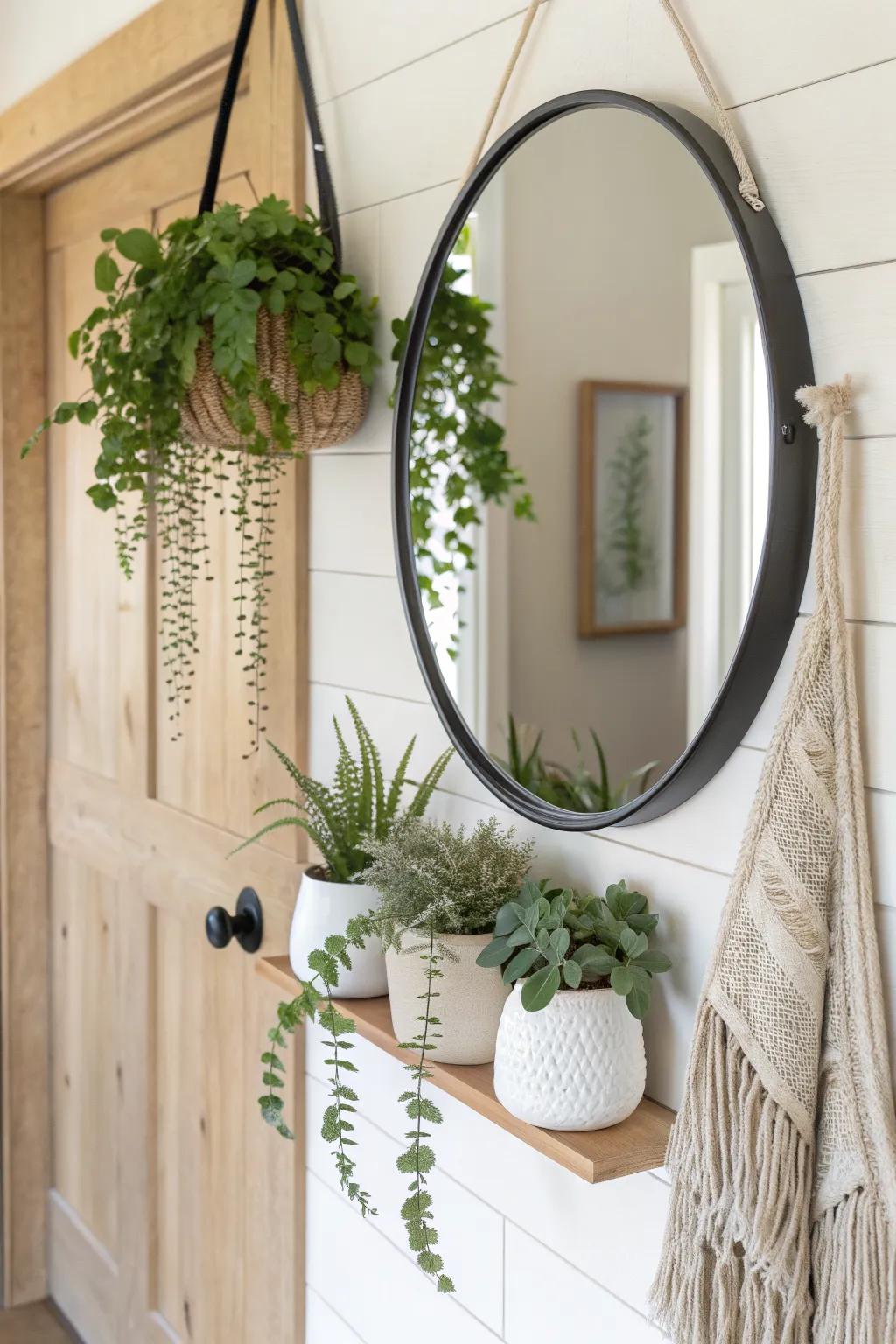 Mini planters on a mirror frame double the greenery—bright, stylish wall plant magic.