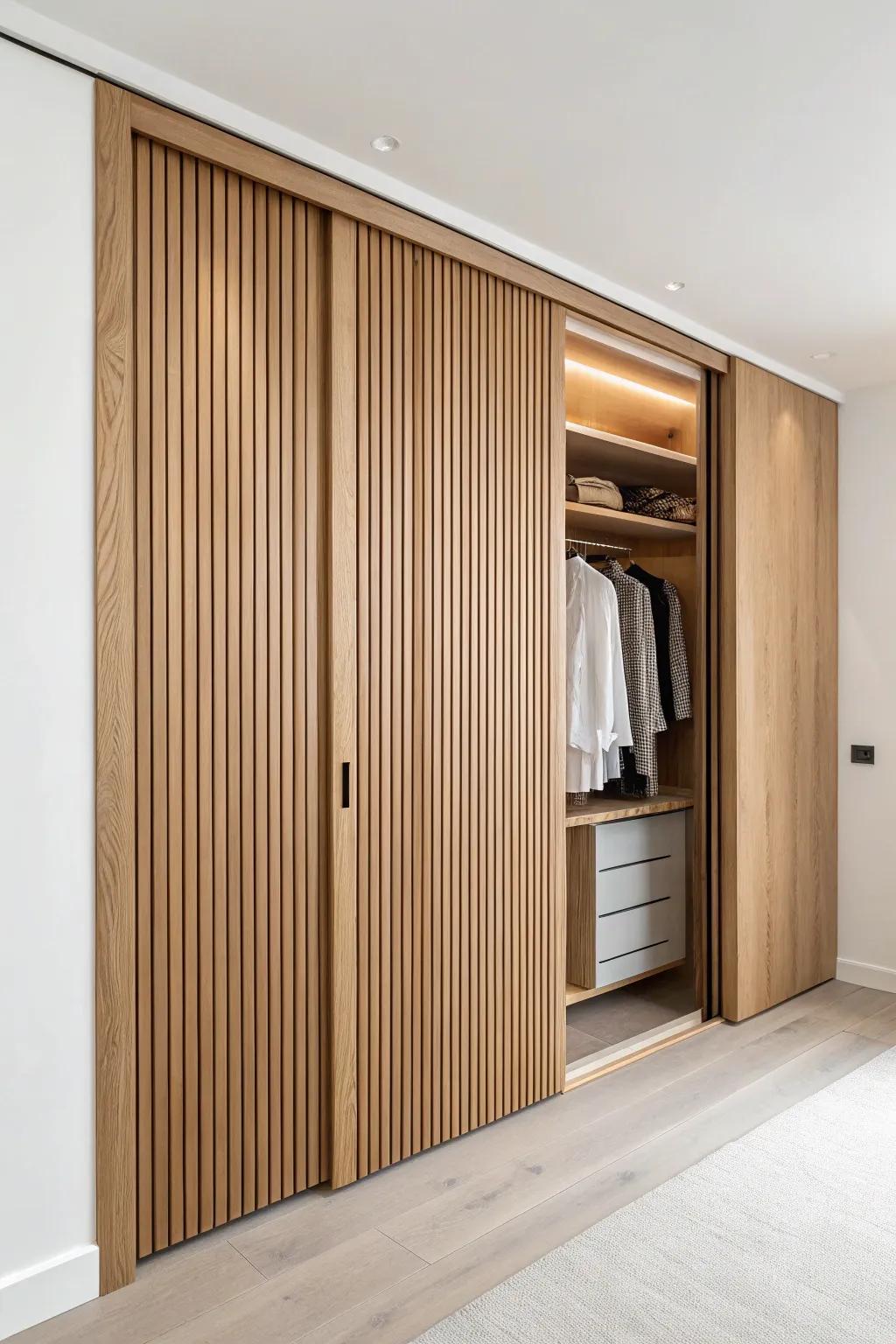 A wall-to-wall closet that looks like a chic paneled wall—until one panel swings open.