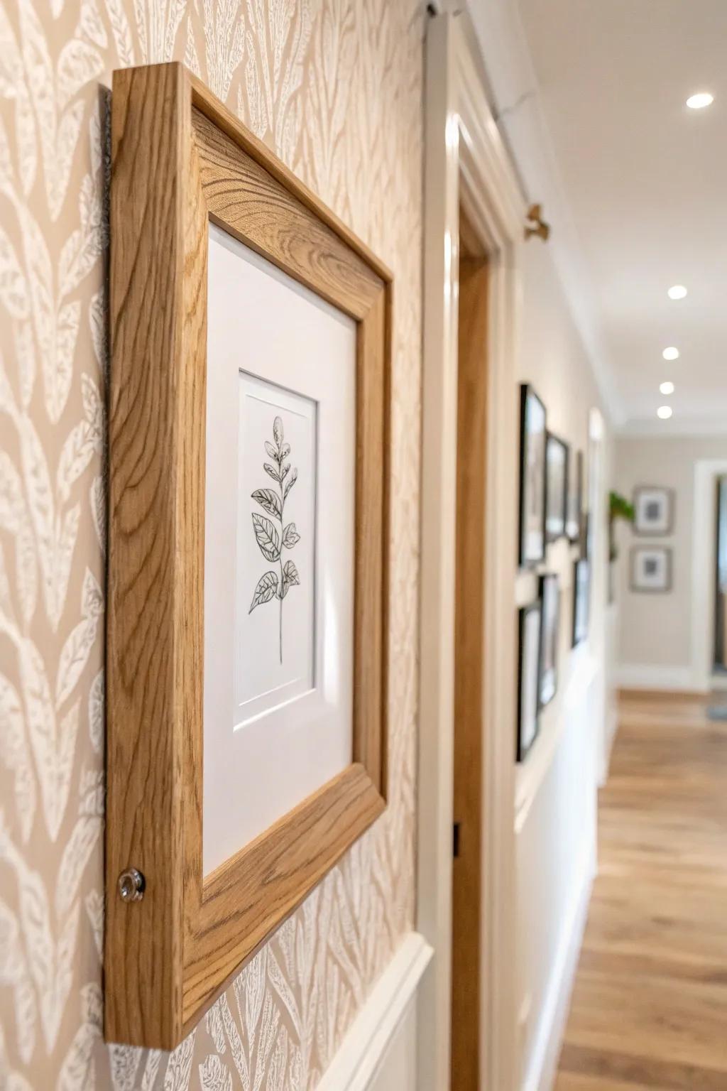 Let wallpaper be the backdrop—one cohesive frame style makes a hallway gallery wall feel effortless.