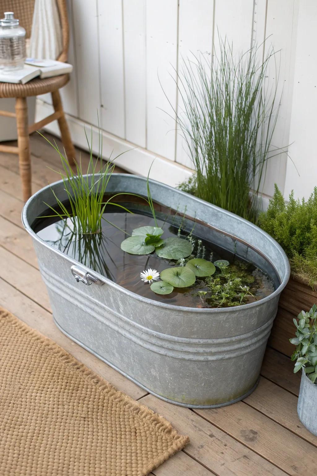 Mini water-garden trough planter: calming reflections, lush edges, big wow in a small space.