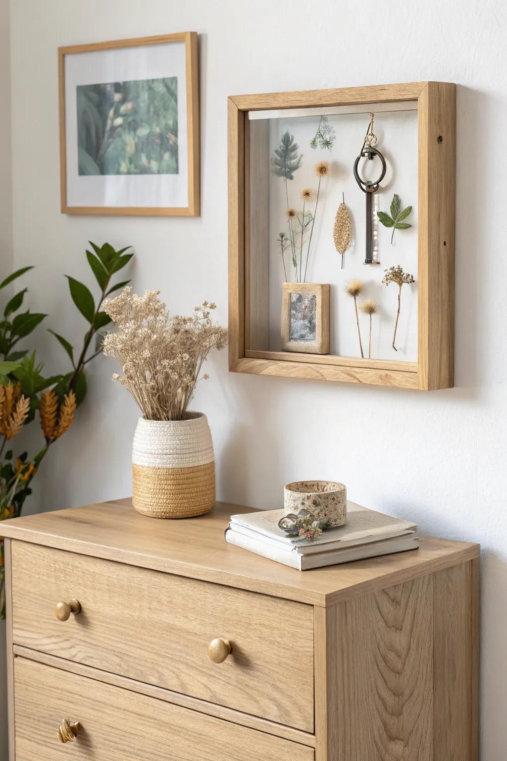 A minimalist shadowbox above the dresser turns tiny-bedroom keepsakes into art.