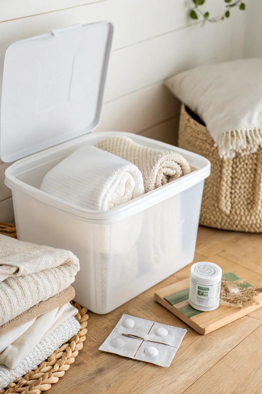Keep winter wool fresh: clean, dry, and stored with cedar + moisture absorber in one neat bin.