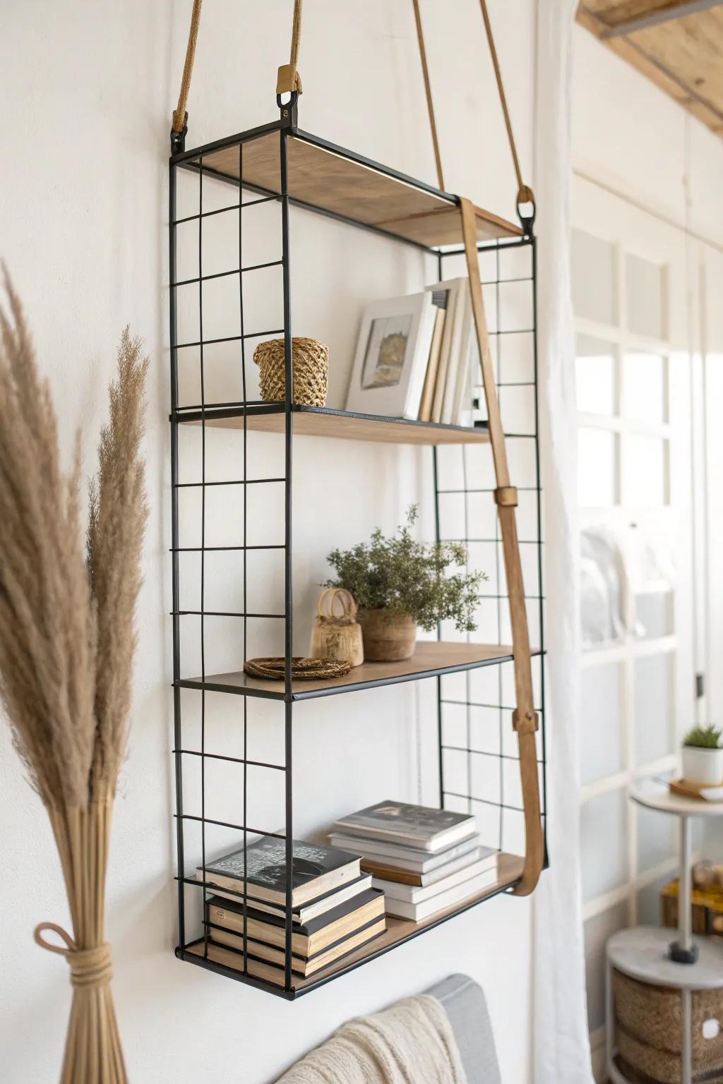 A ceiling-hung wire shelf creates a floating “book bar” with airy, minimalist style.