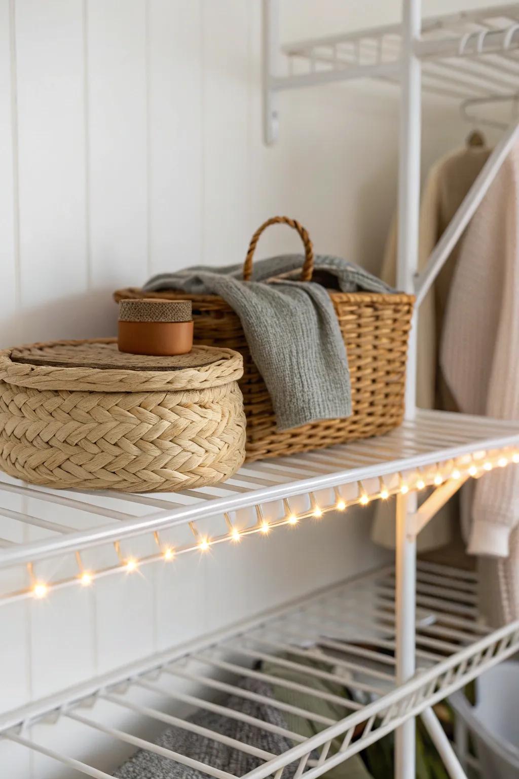 Painted wire shelving + soft LED glow turns a basic closet into a bright, finished space.