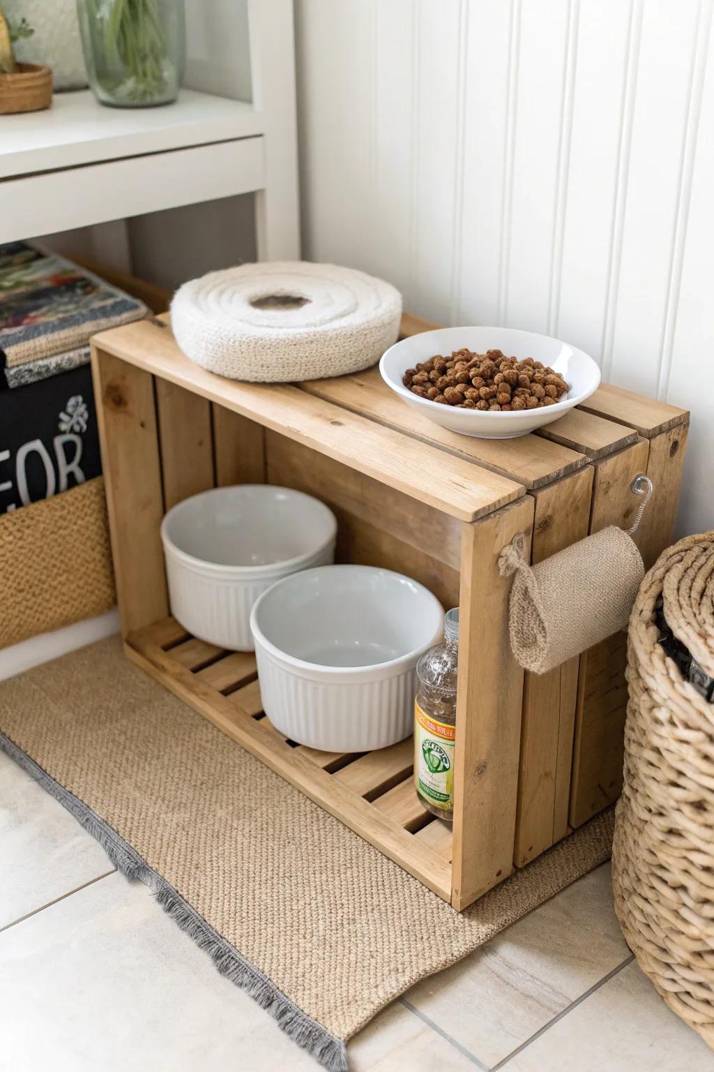 DIY wood-crate pet station: bowls on top, food and leashes tucked neatly inside.