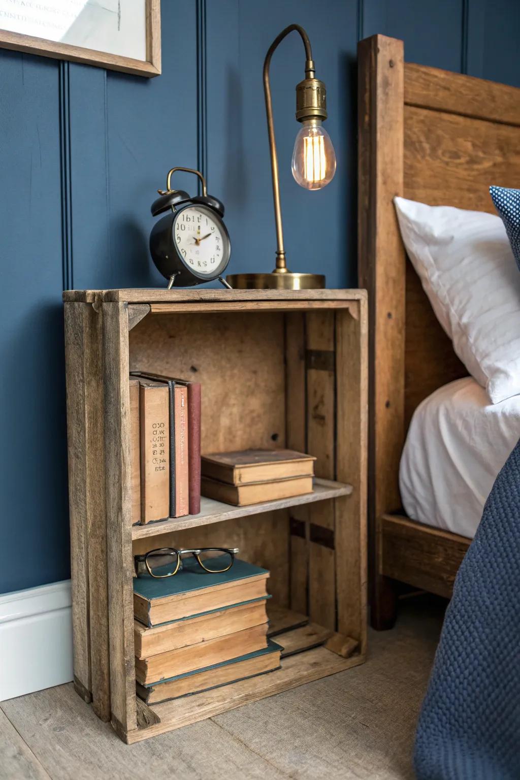 Transform your bedroom with the rustic charm of a wooden crate nightstand—where function meets artisanal beauty.