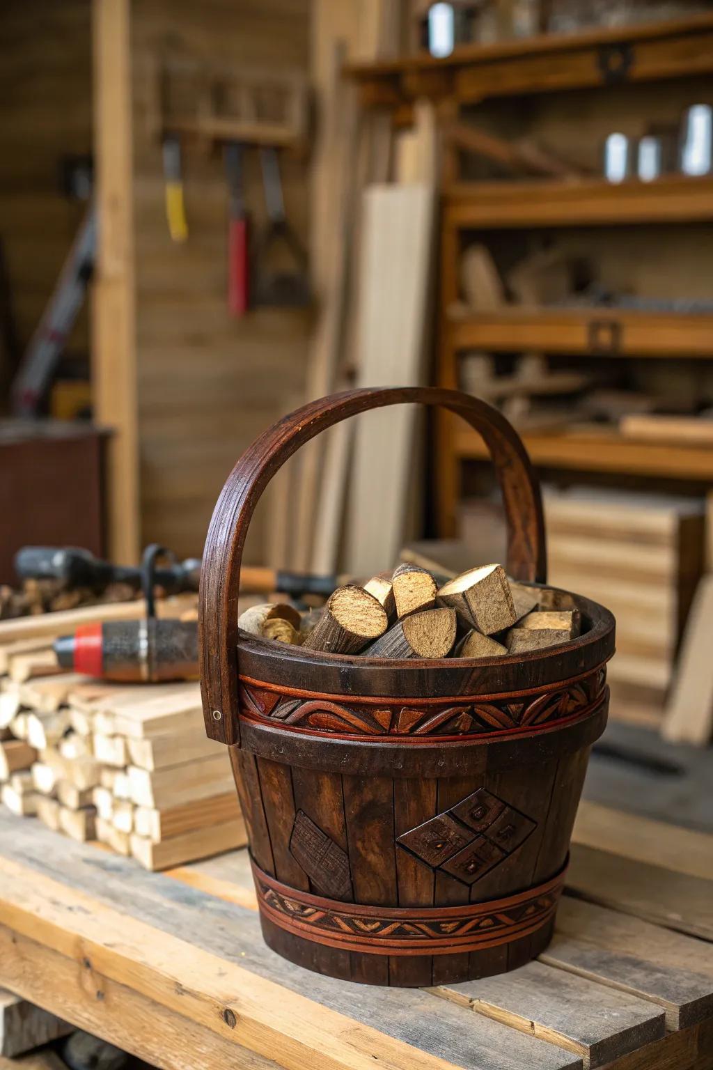 Elevate your workshop's style with handcrafted wooden baskets for a touch of elegance and organization.