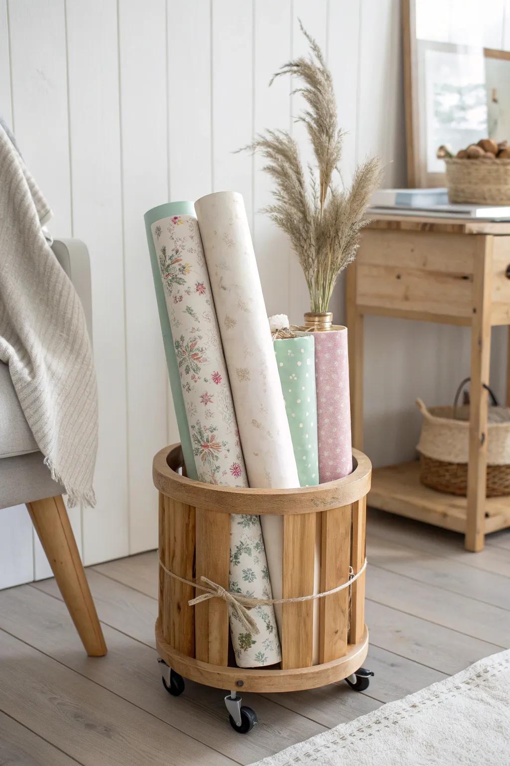 Upside-down stool wrap caddy: a rolling, zero-furniture way to store wrapping paper beautifully.