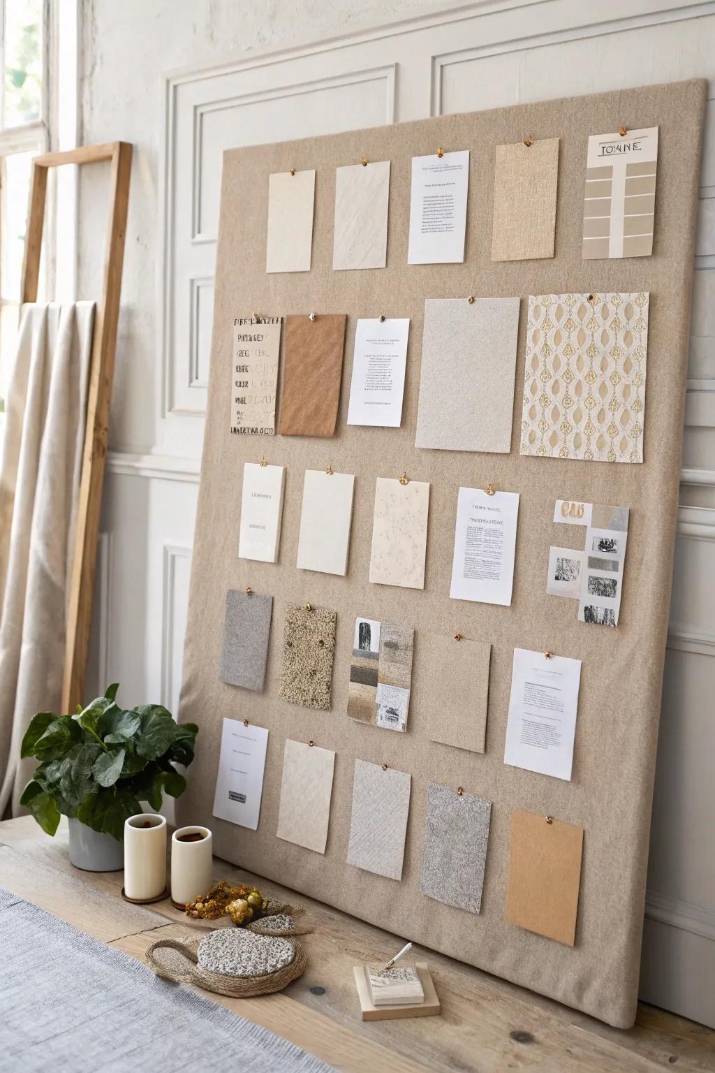 A grown-up neutral mood board packed with tactile swatches, paint chips, and brass-pin polish.