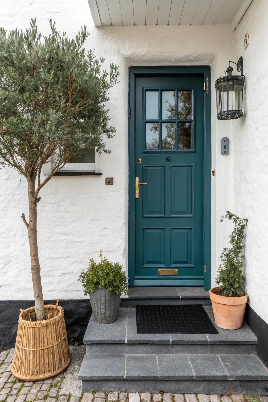Style a statement door frame: bold color, tall greenery and a vertical accent to stretch the entry.