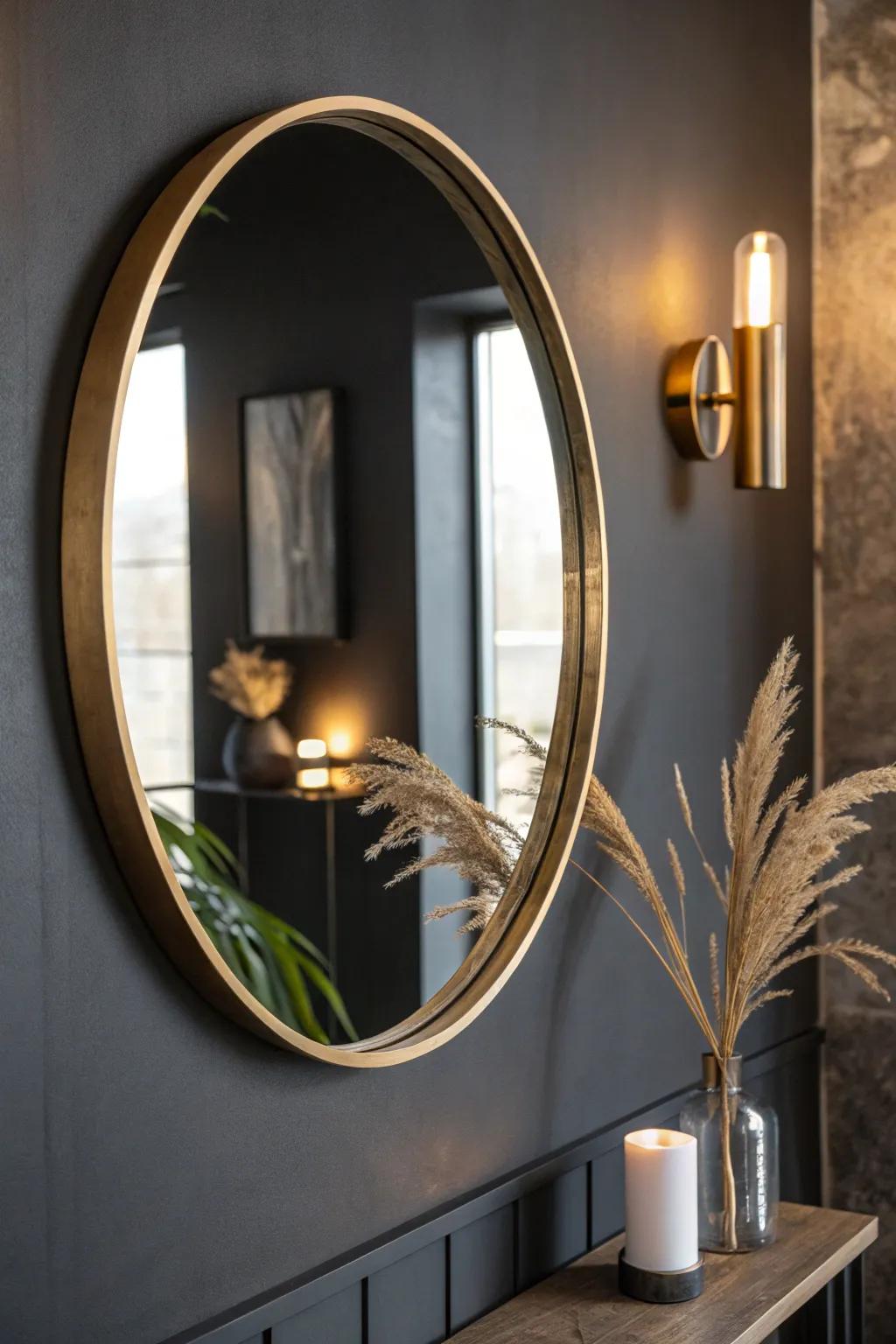 Nearly-black paint turns a tiny powder room into a chic, dramatic moment with warm light.