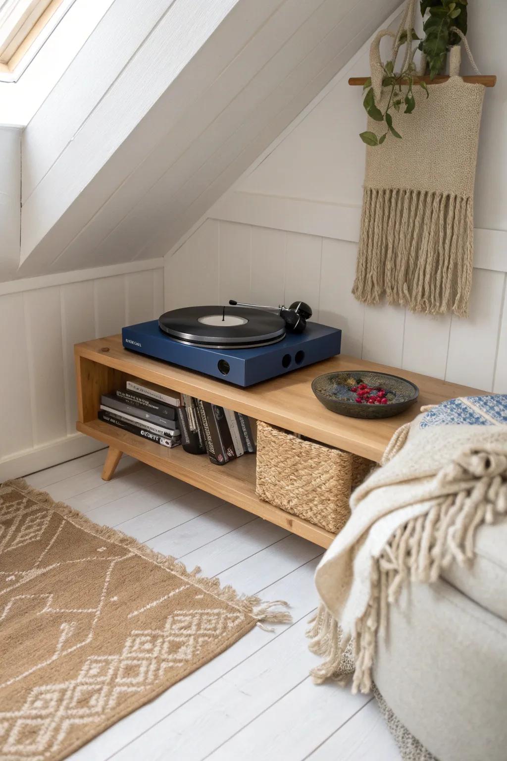 Cobalt turntable + plush textiles turn this attic corner into a cozy, sound-soaking reset nook.