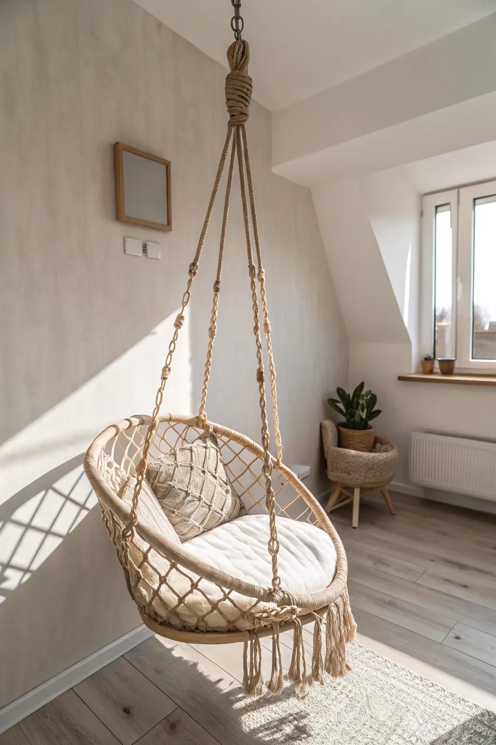 Turn an awkward corner into a wow moment with a compact swing seat in airy natural textures.