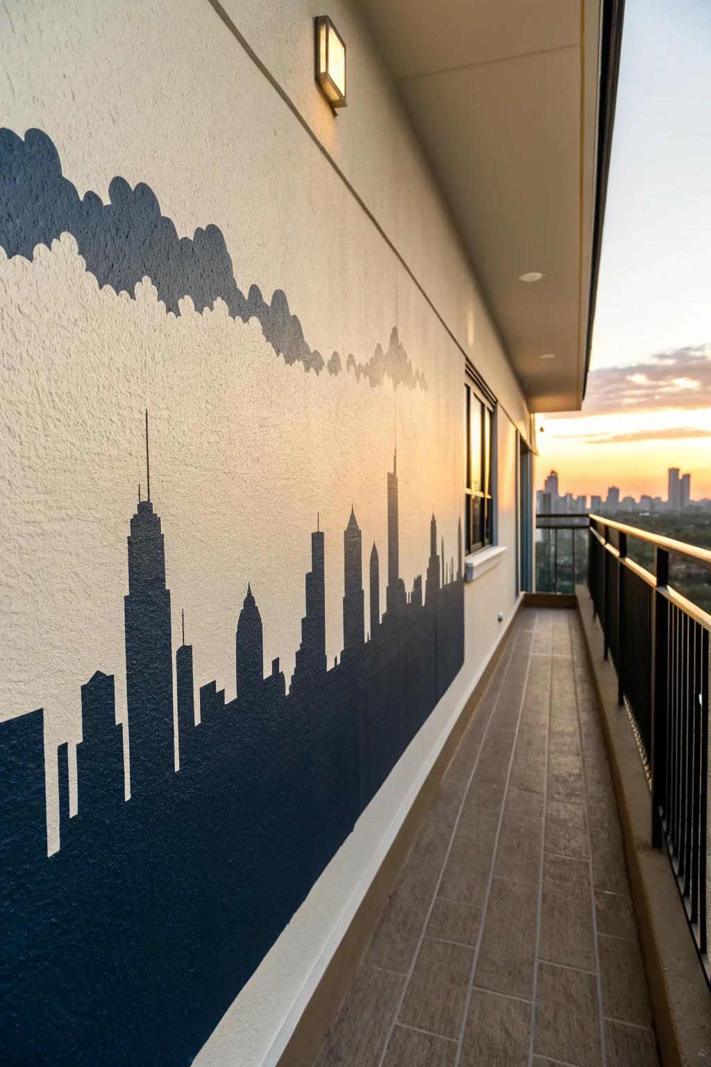 Minimal skyline mural in bold indigo—an instant balcony backdrop that stays clean and modern.