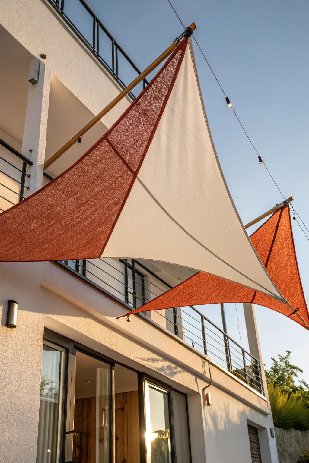 Two layered shade sails at bold angles—minimalist, boho texture, and all-day balcony shade.