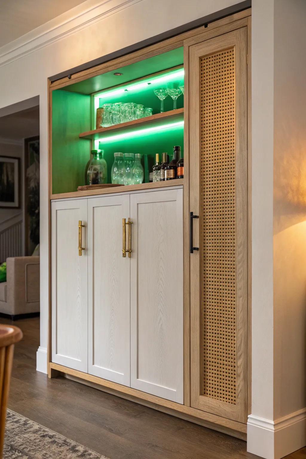 Plain doors outside, glowing bar inside—create a speakeasy-style reveal in your small space.