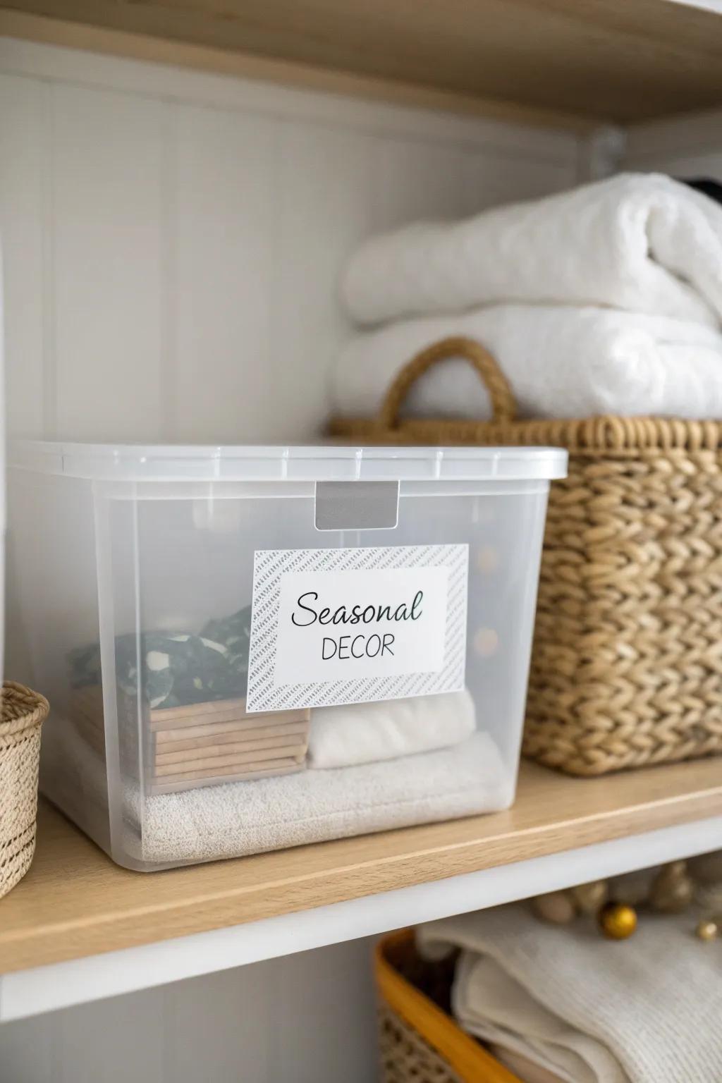 Photo labels on bin fronts = instant basement closet finds, zero rummaging needed.
