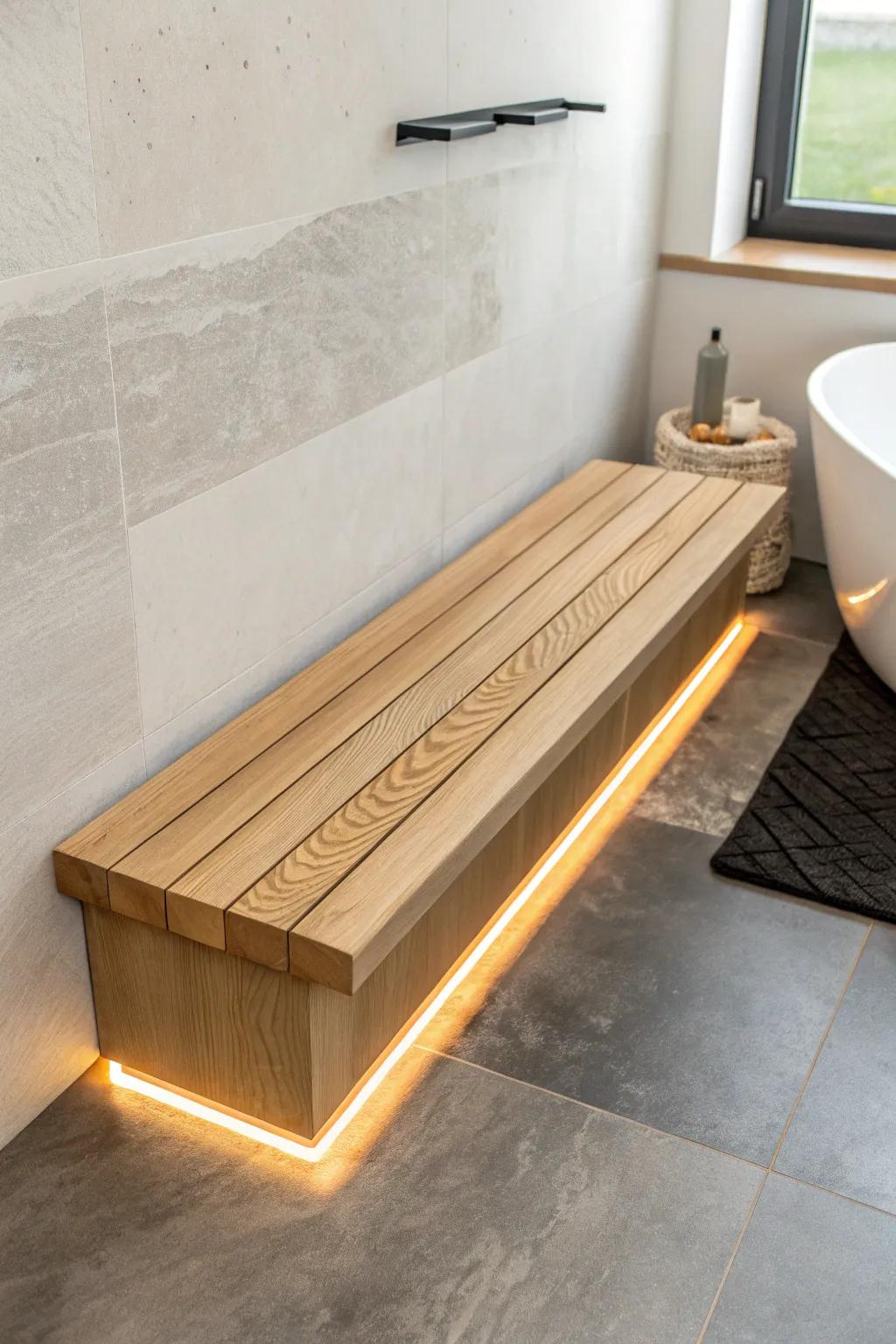 A floating wood bench with hidden underglow lighting—instant spa vibe without extra clutter.