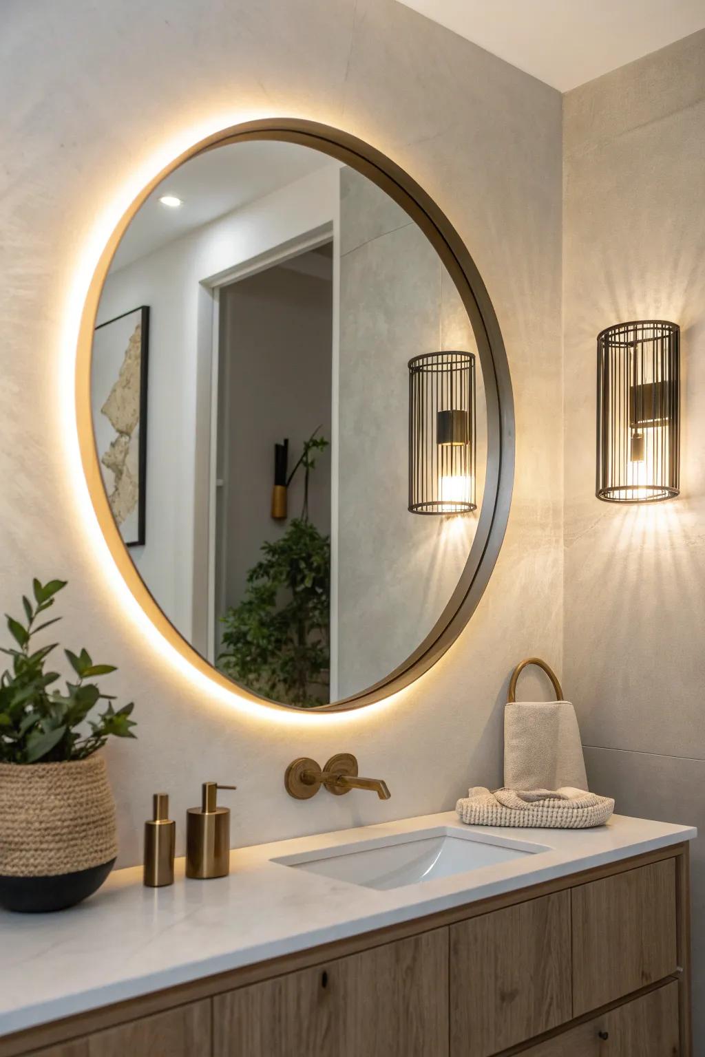Warm halo backlit mirror with sleek brass sconces—layered light that makes small vanities feel luxe.