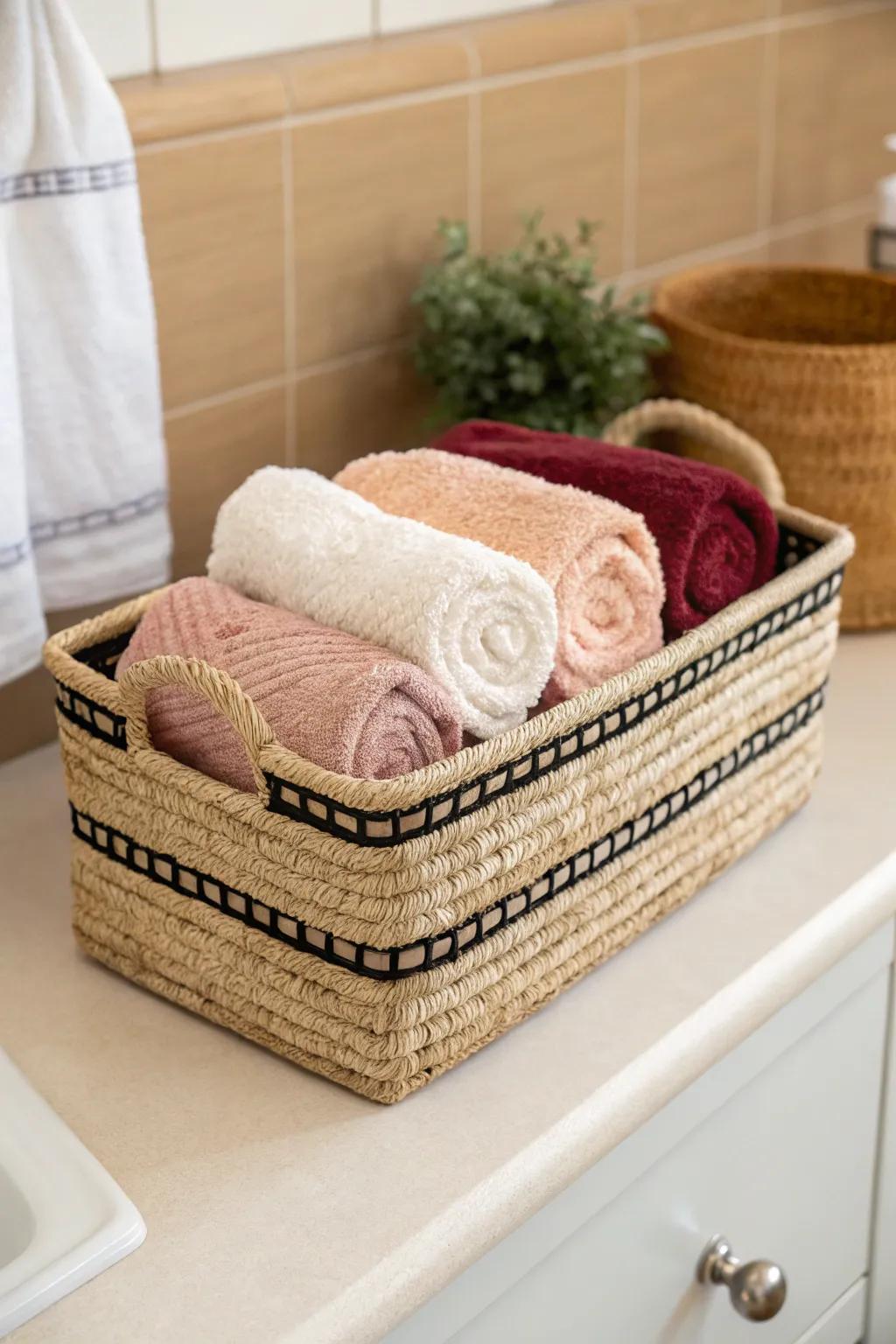 Color-blocked rolled towels turn one basket into an instantly styled bathroom statement.