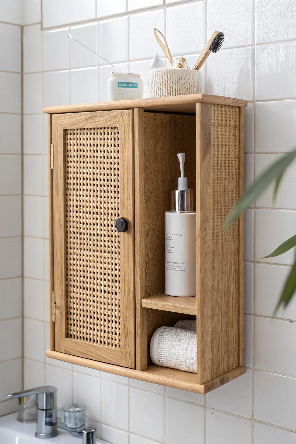 Hide the chargers, not the style—this wall cabinet keeps toothbrushes off the counter.