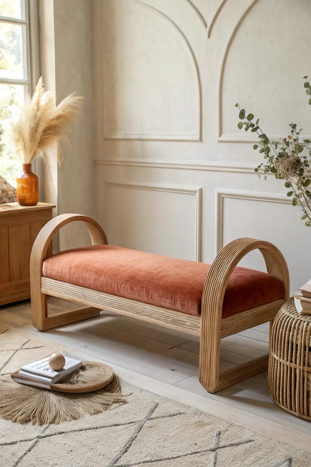 A curved bench breaks up boxy lines—instant sculptural “wow” for a small bedroom.
