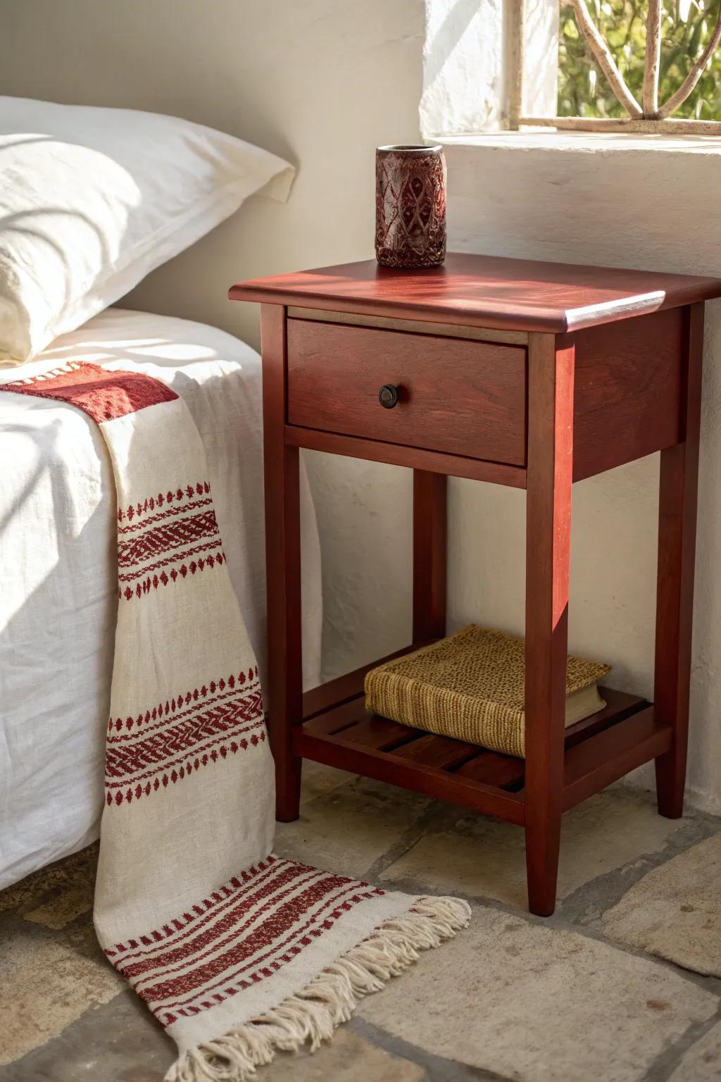 Mahogany-red nightstand + cream tones: a bold, cozy sleep nook vibe for tiny bedrooms.
