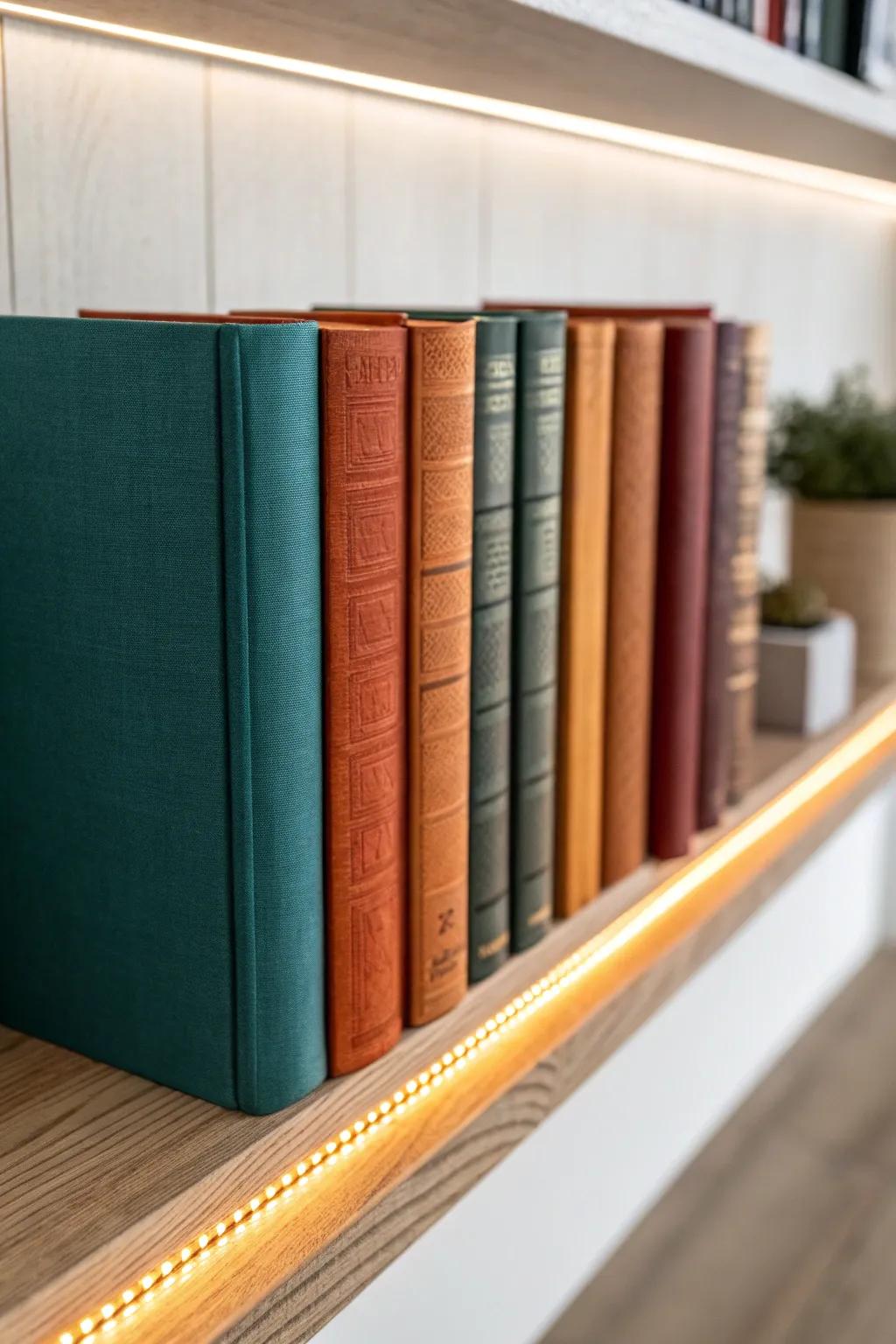 A hidden LED strip behind books creates a secret-library glow—dramatic, cozy, and chic.