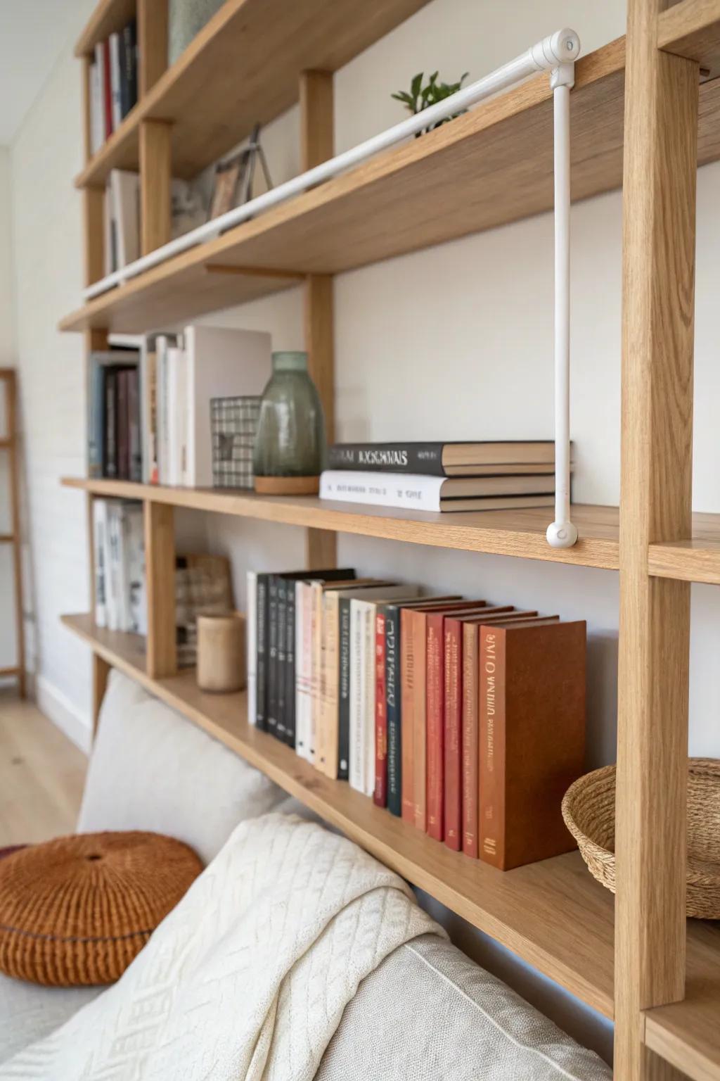 A simple tension rod keeps deep shelves from swallowing your books—clean, aligned, calm.