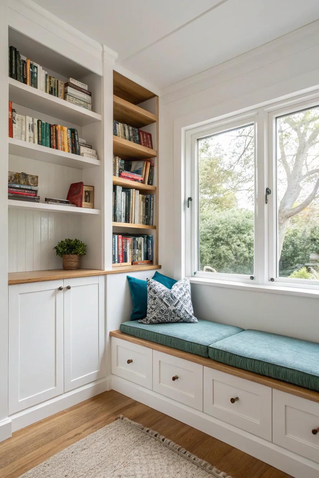 Built-in window bookshelf with a cozy pet perch—small-space storage with a view, in style.