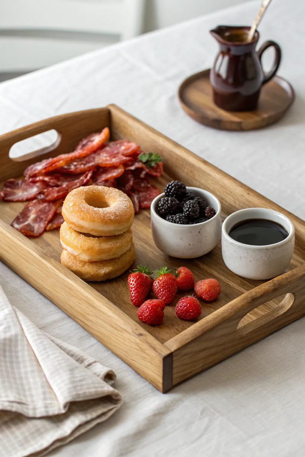 Breakfast-for-dinner dessert tray: donut holes, berries, drizzles, and a salty bacon twist.