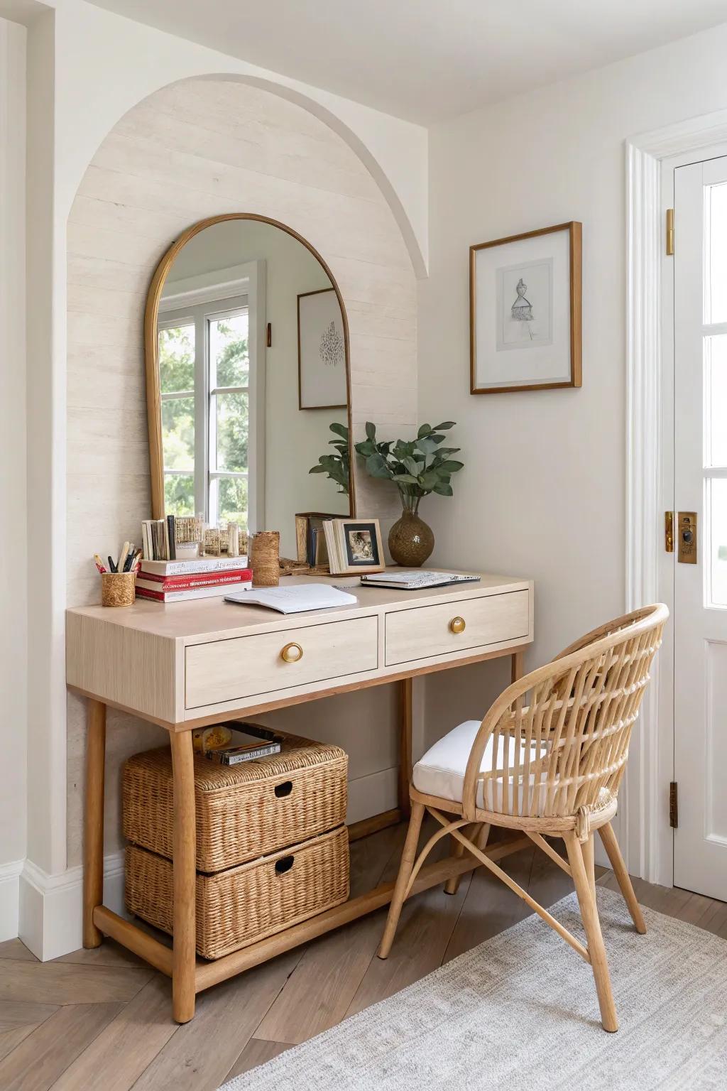 Built-in desk + vanity in one—oak, cane drawers, and smart organizers for calm studio living.