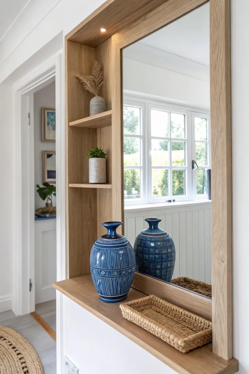 Add a mirror panel behind built-ins to bounce light and make small spaces feel twice as wide.