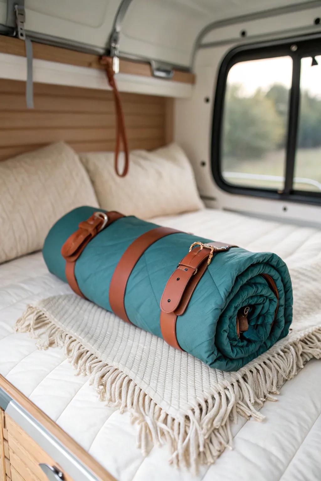 Roll your quilt into a chic bedding roll—tiny camper beds look instantly styled, no tucking.
