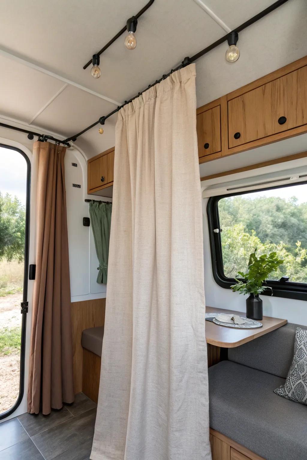 Close the curtain—your fold-down desk disappears and the camper looks instantly styled.