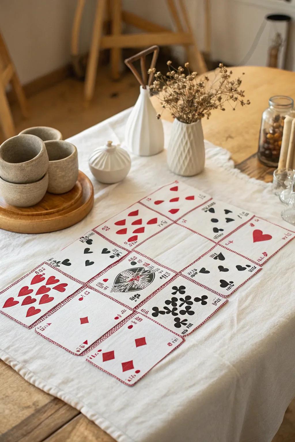 Transform your party table with a stunning DIY playing card tablecloth, blending minimalist charm with bold colors for an unforgettable look.