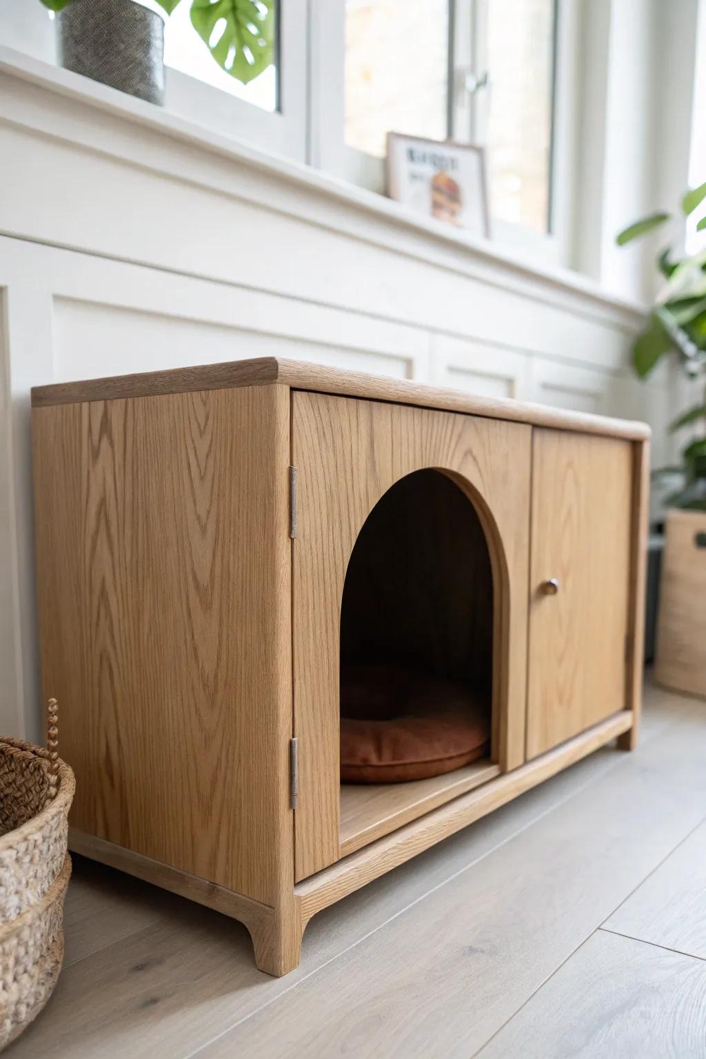Minimal oak cabinet with a peekaboo tunnel cutout—stylish storage that lets cats loop the room.