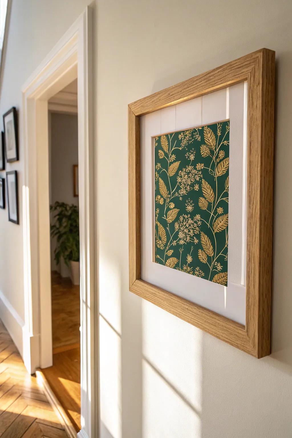 Swap hallway art for framed gift wrap—instant Christmas gallery wall on a tight budget.