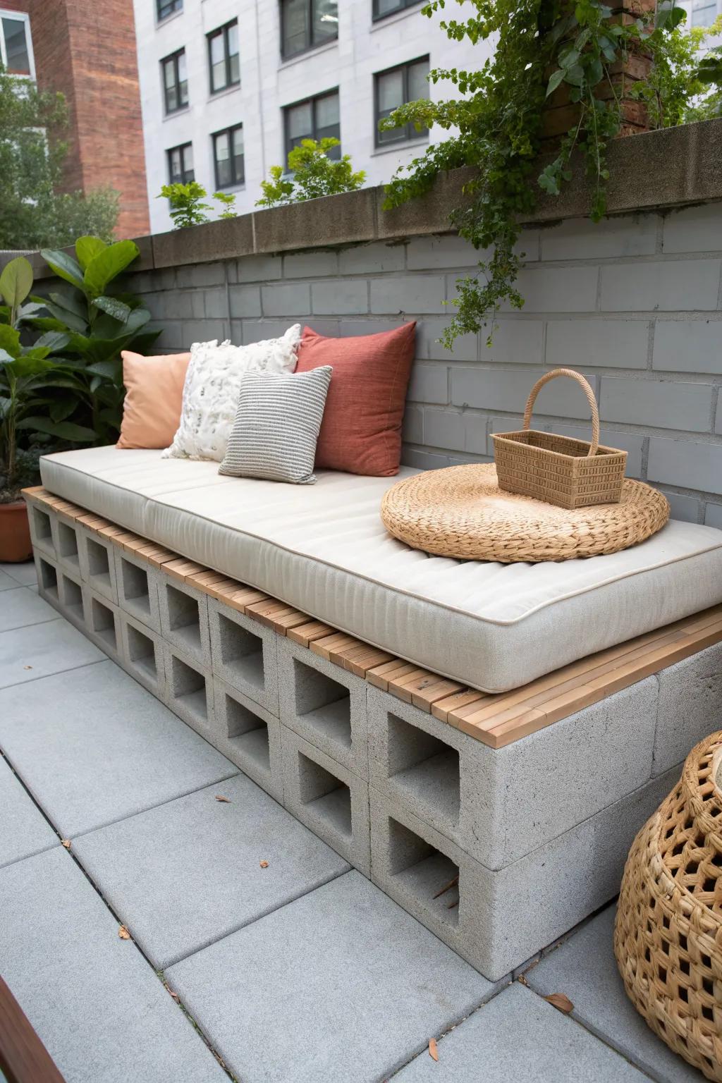 Cinder block daybed platform: tiny-patio lounge with built-in cubby storage and bold terracotta.