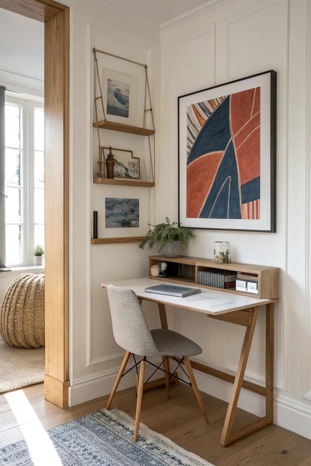 A fold-down desk hidden behind bold framed art—your closet looks styled, not like a workspace.