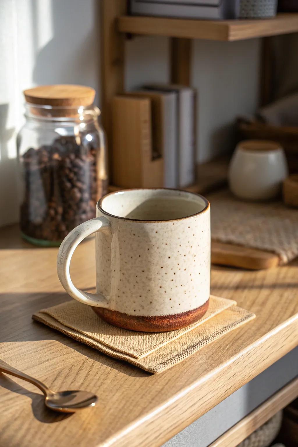 A bookcase coffee corner: styled mugs, warm oak, and jars that look beautifully intentional.