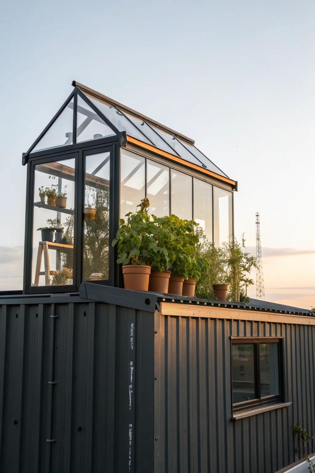 A tiny rooftop greenhouse turns a container home into a year-round sky garden retreat.