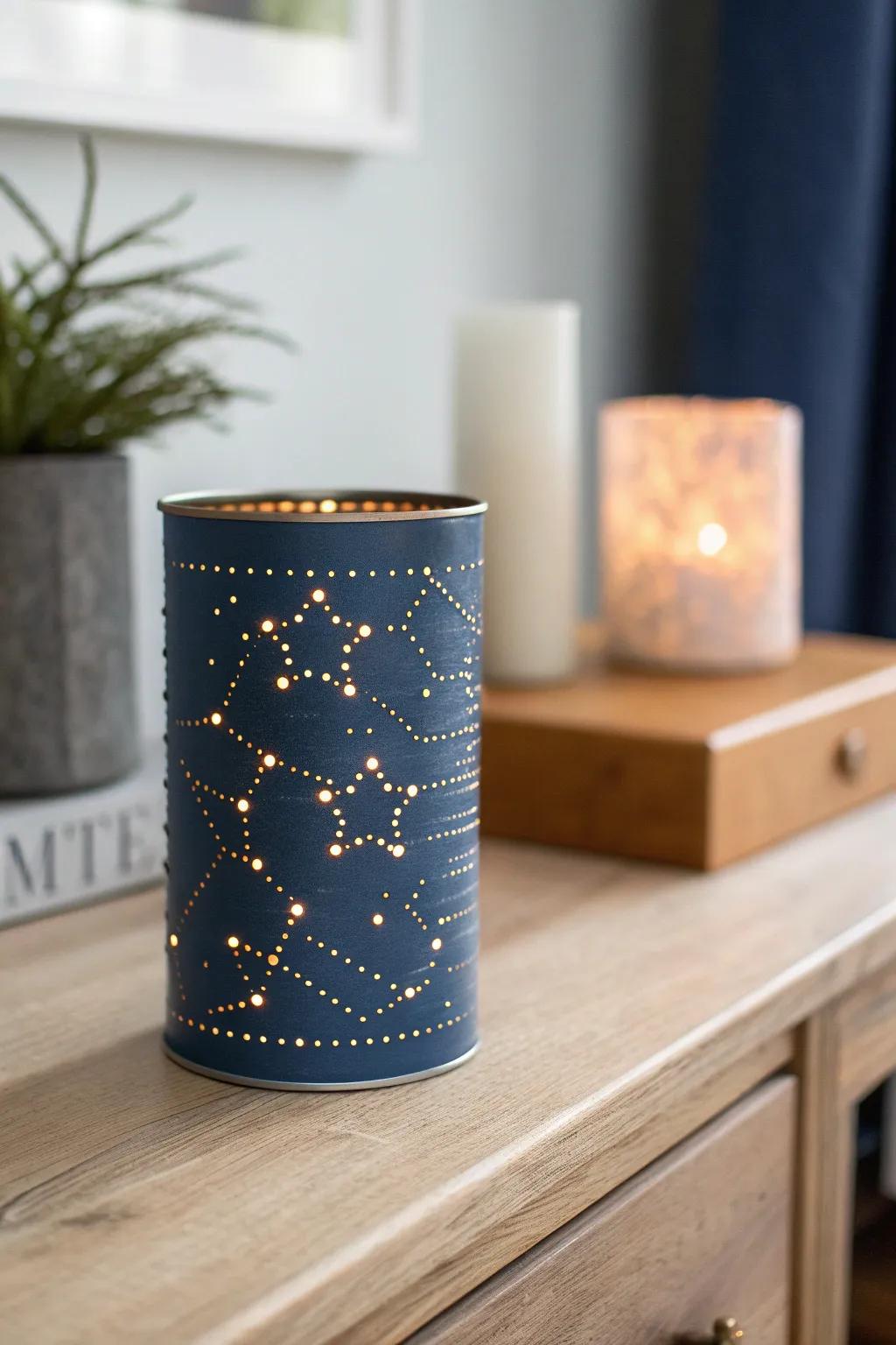 DIY tin can constellation night-light—tiny holes, bold glow, instant hallway wow at night.
