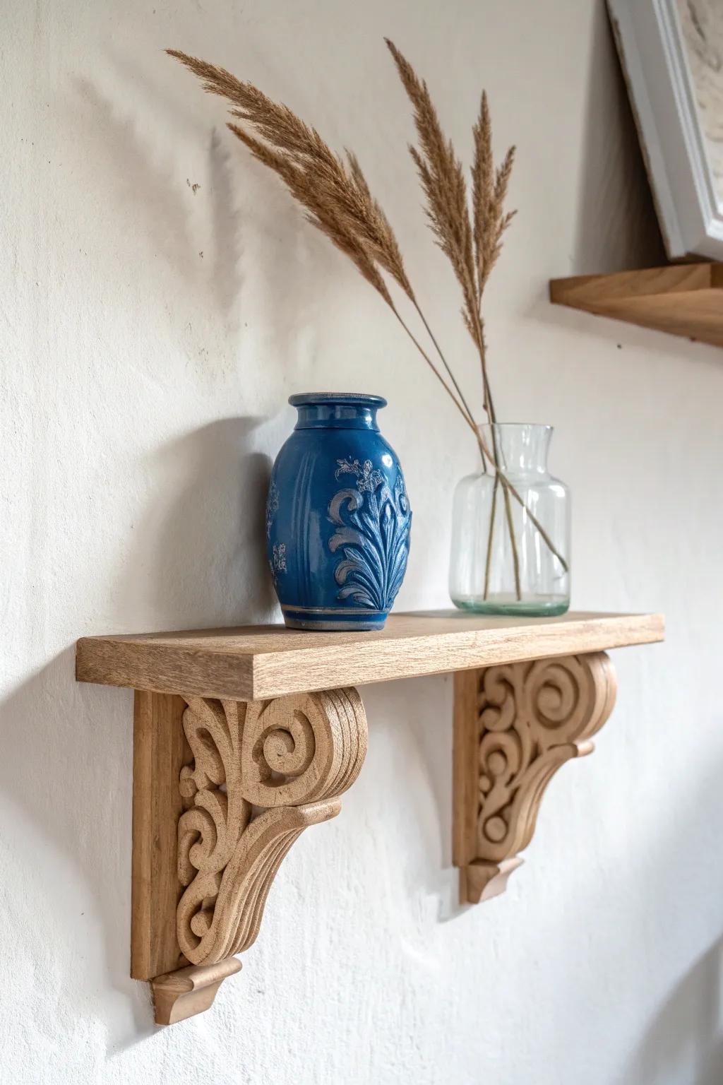 Tiny corbel shelf as wall jewelry—one bold vase turns a blank nook into a statement.