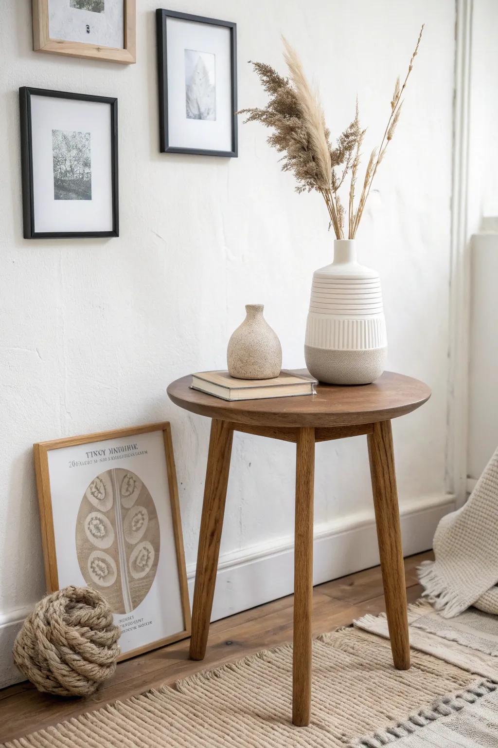 Turn your corner table into a mini gallery—layer frames, a sculpture, and a textured vase.