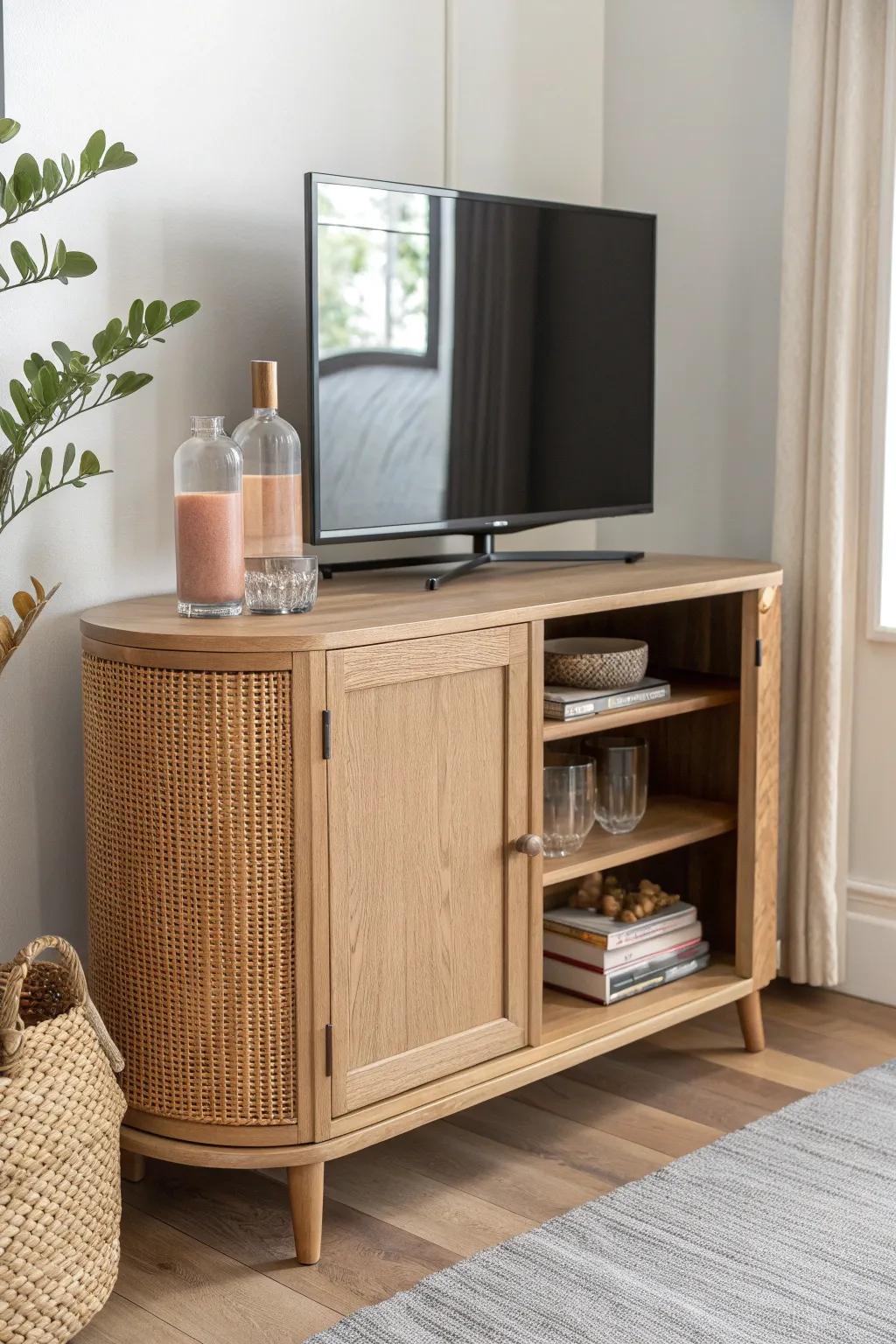 A corner TV console with a hidden mini bar—small-space entertaining, beautifully streamlined.