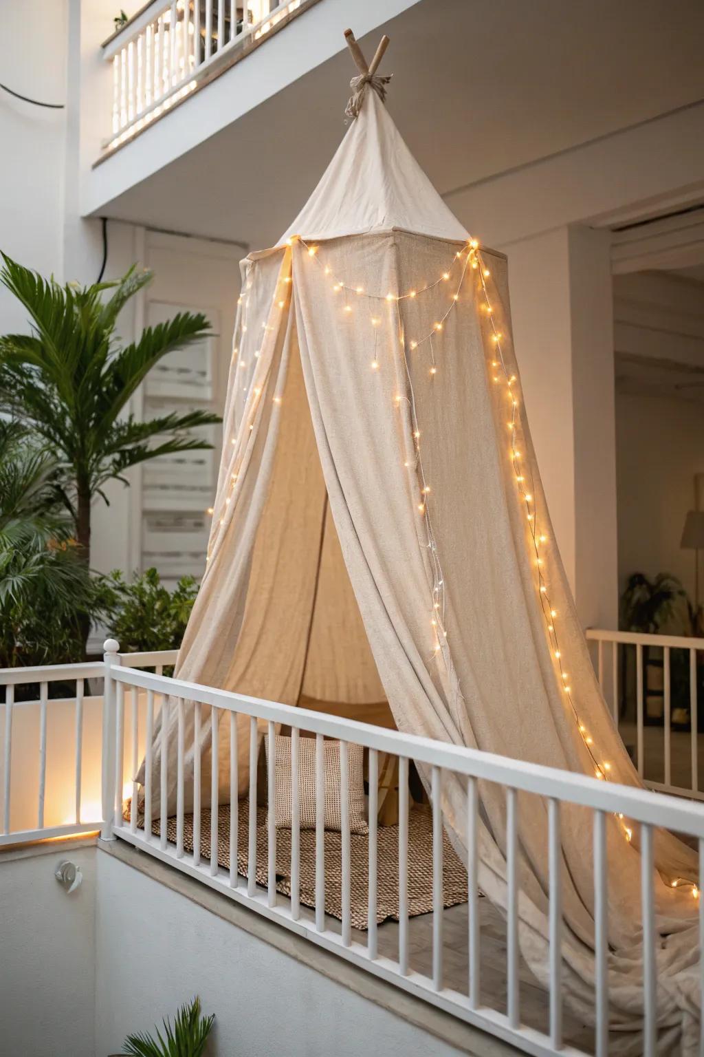 Drape a linen canopy and warm fairy lights—your balcony becomes a tiny tent-like retreat.