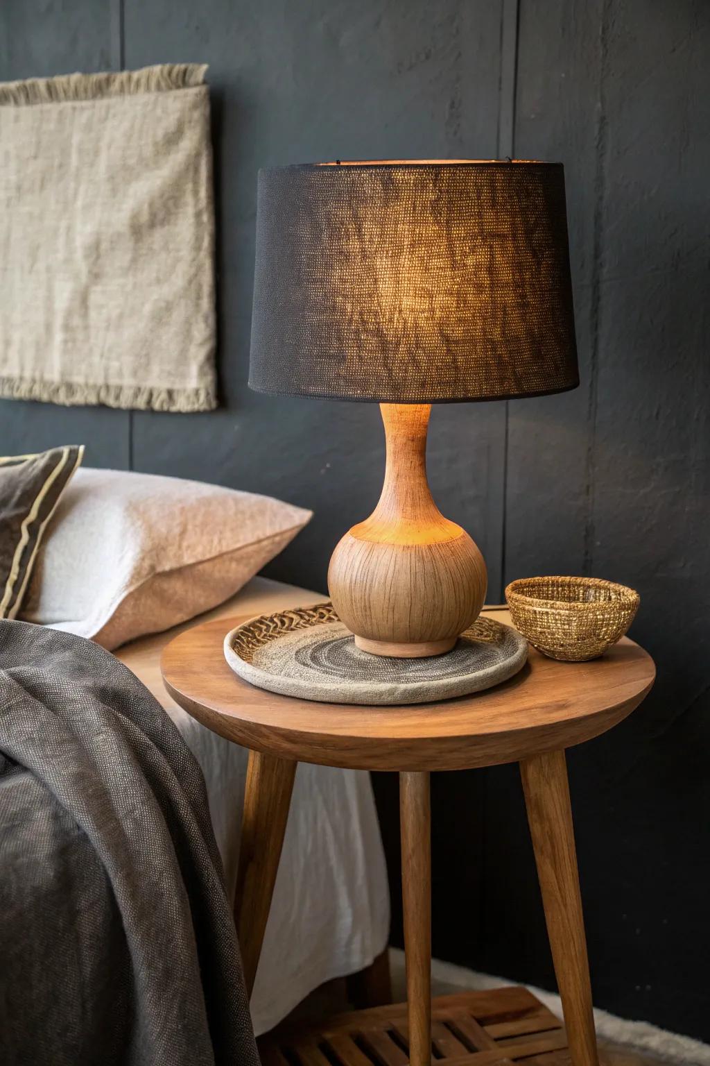 A low-lit night den: one warm lamp, dark textiles, and instant after-hours calm.