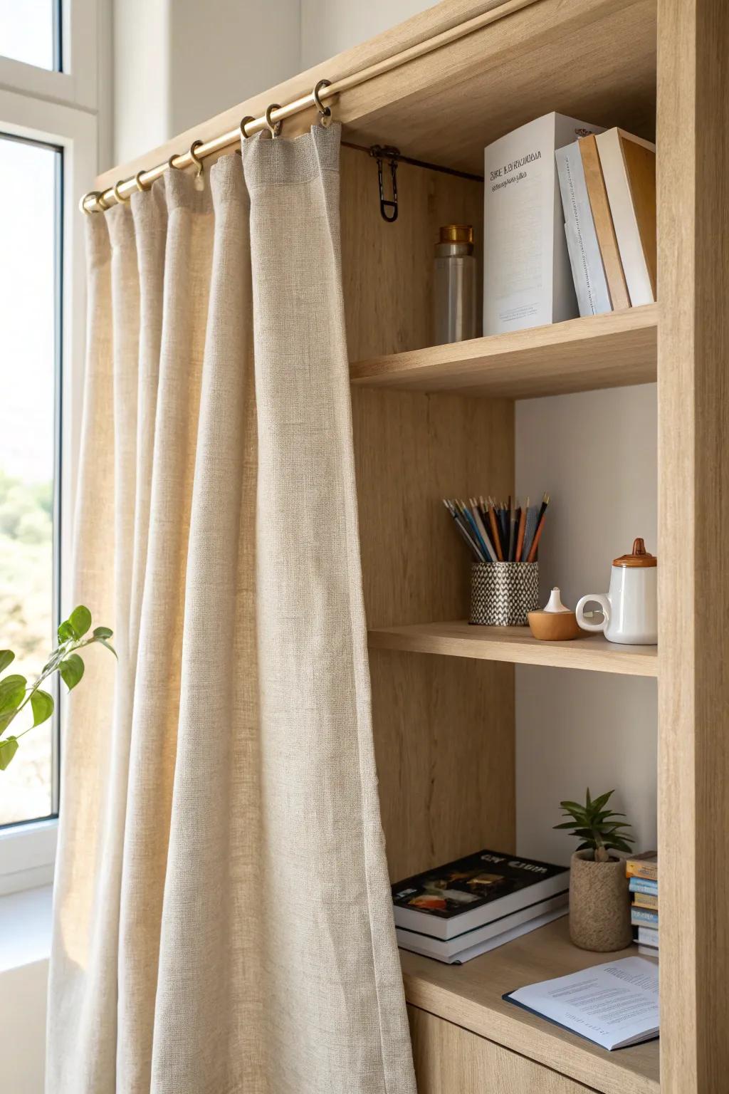 A tiny linen shelf curtain hides clutter and adds a cozy, custom built-in look.