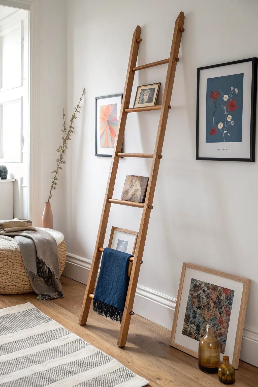 A decorative ladder turned art easel—swap frames anytime for a no-holes gallery vibe.